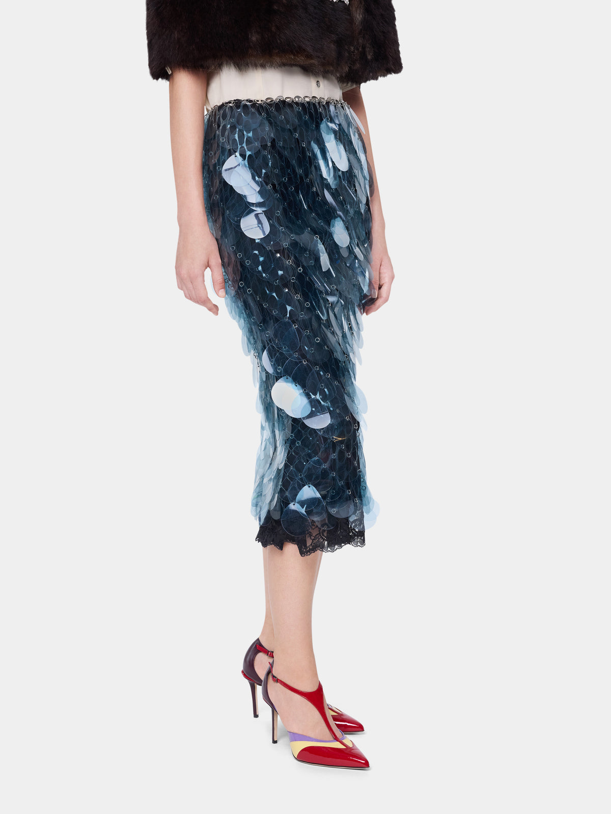 Hand assembled midi skirt in blue layered bilics