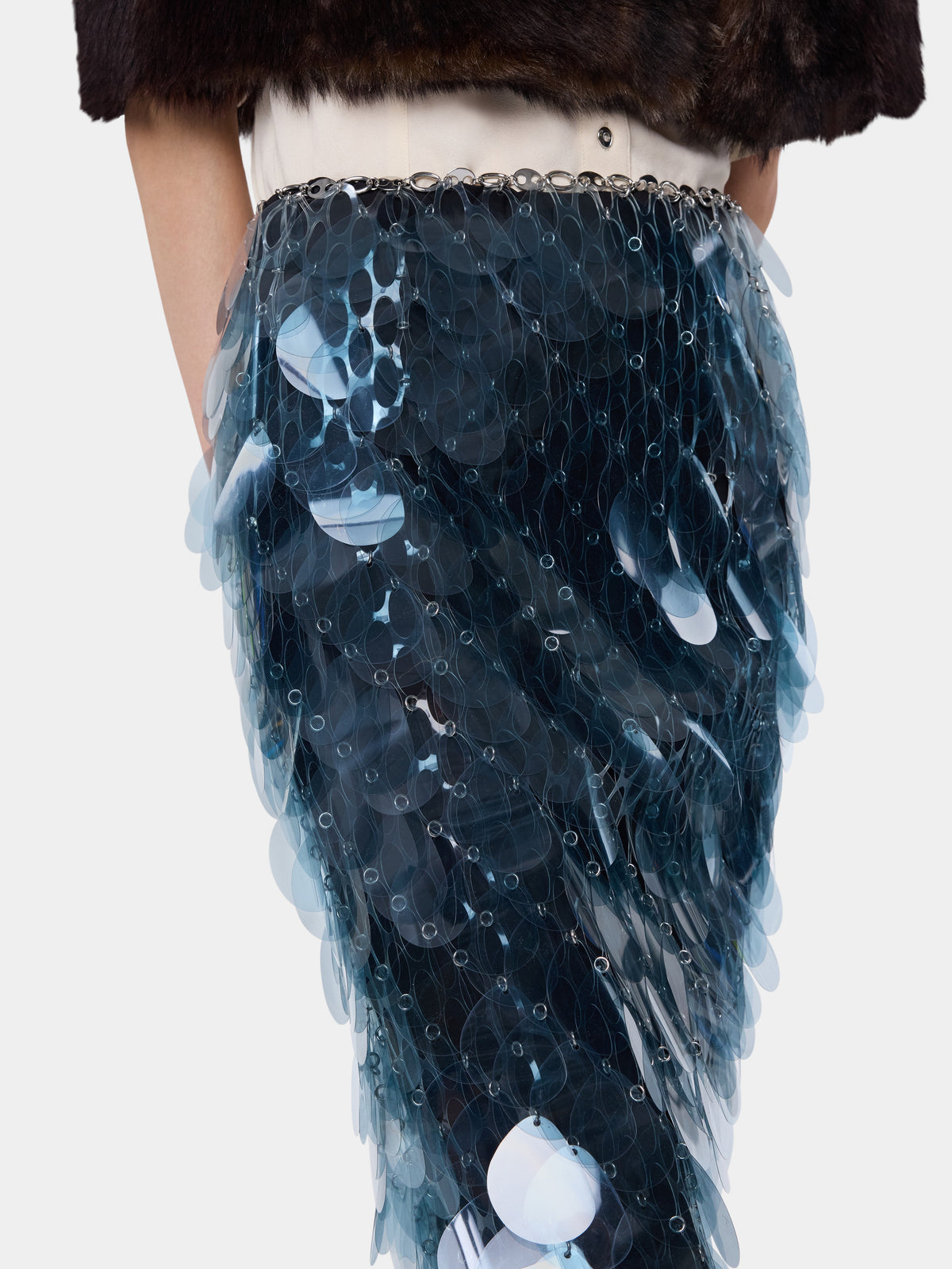 Hand assembled midi skirt in blue layered bilics