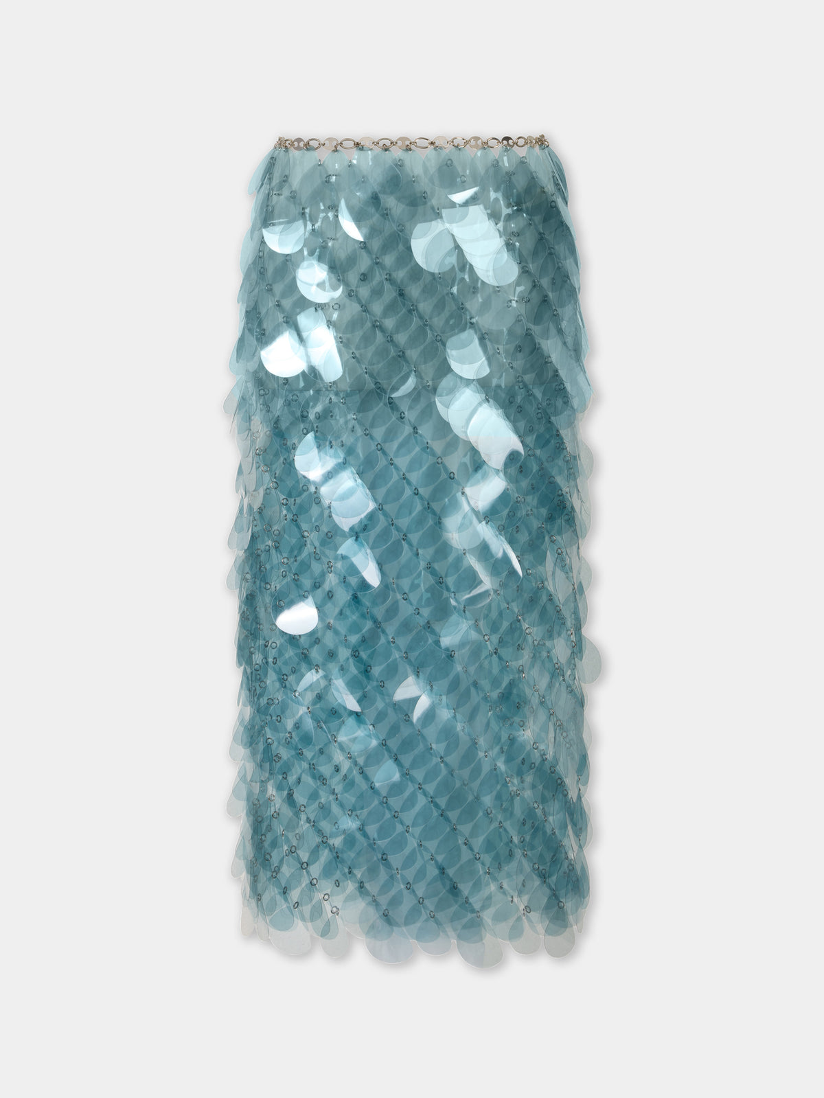 Hand assembled midi skirt in blue layered bilics - Image 1