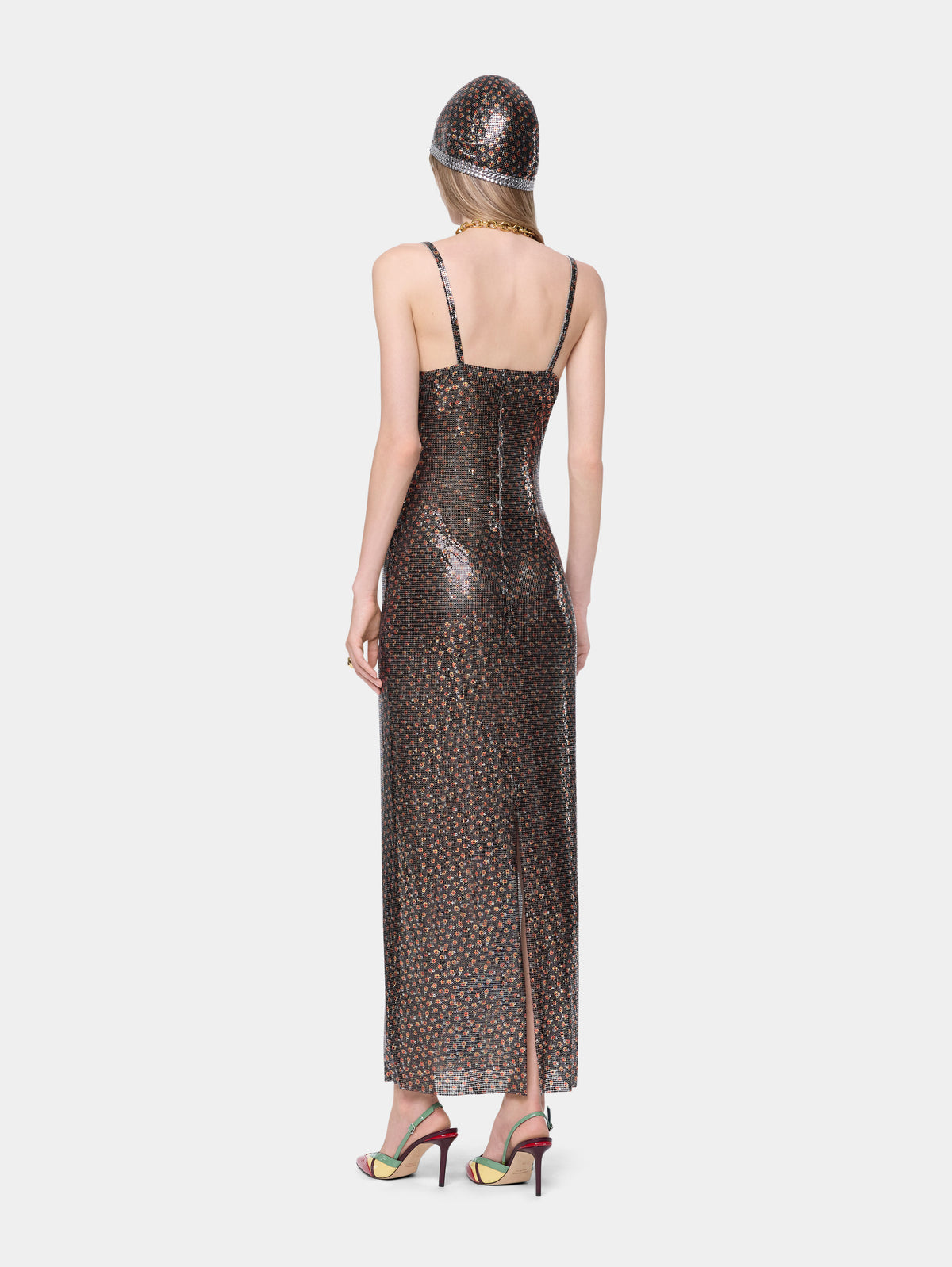 Hand assembled long dress in black liberty print mesh
