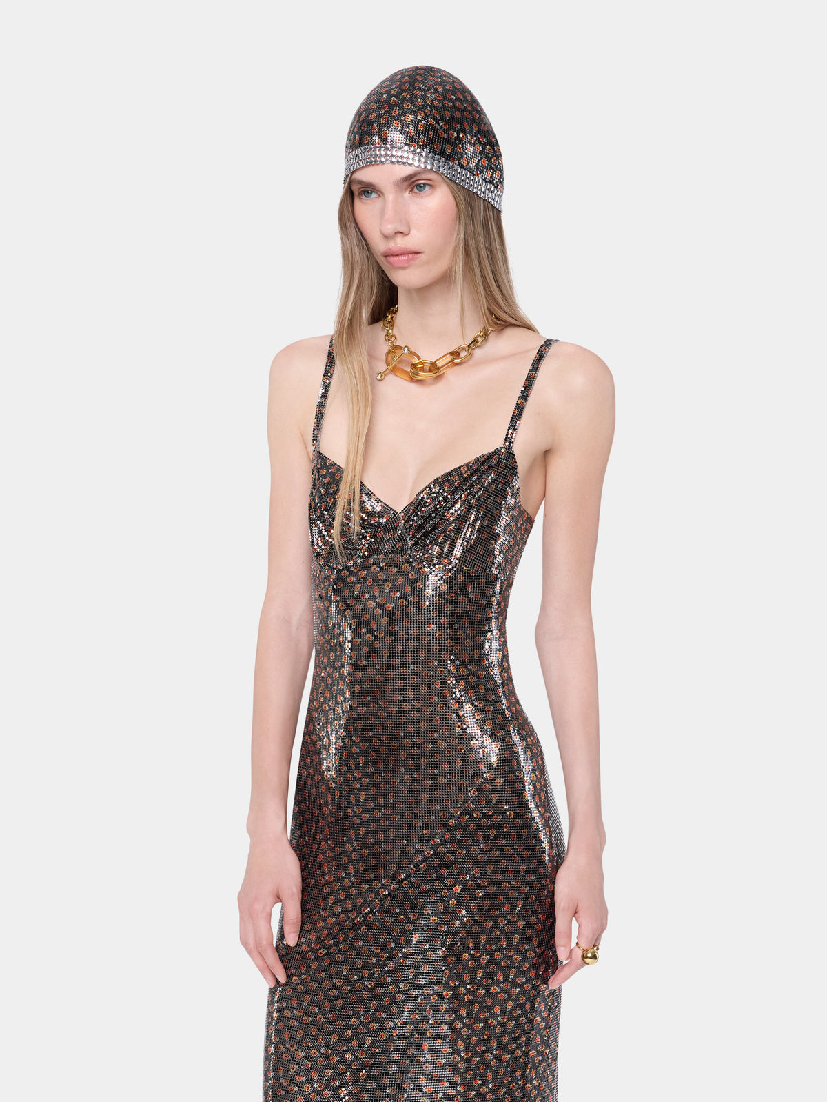 Hand assembled long dress in black liberty print mesh