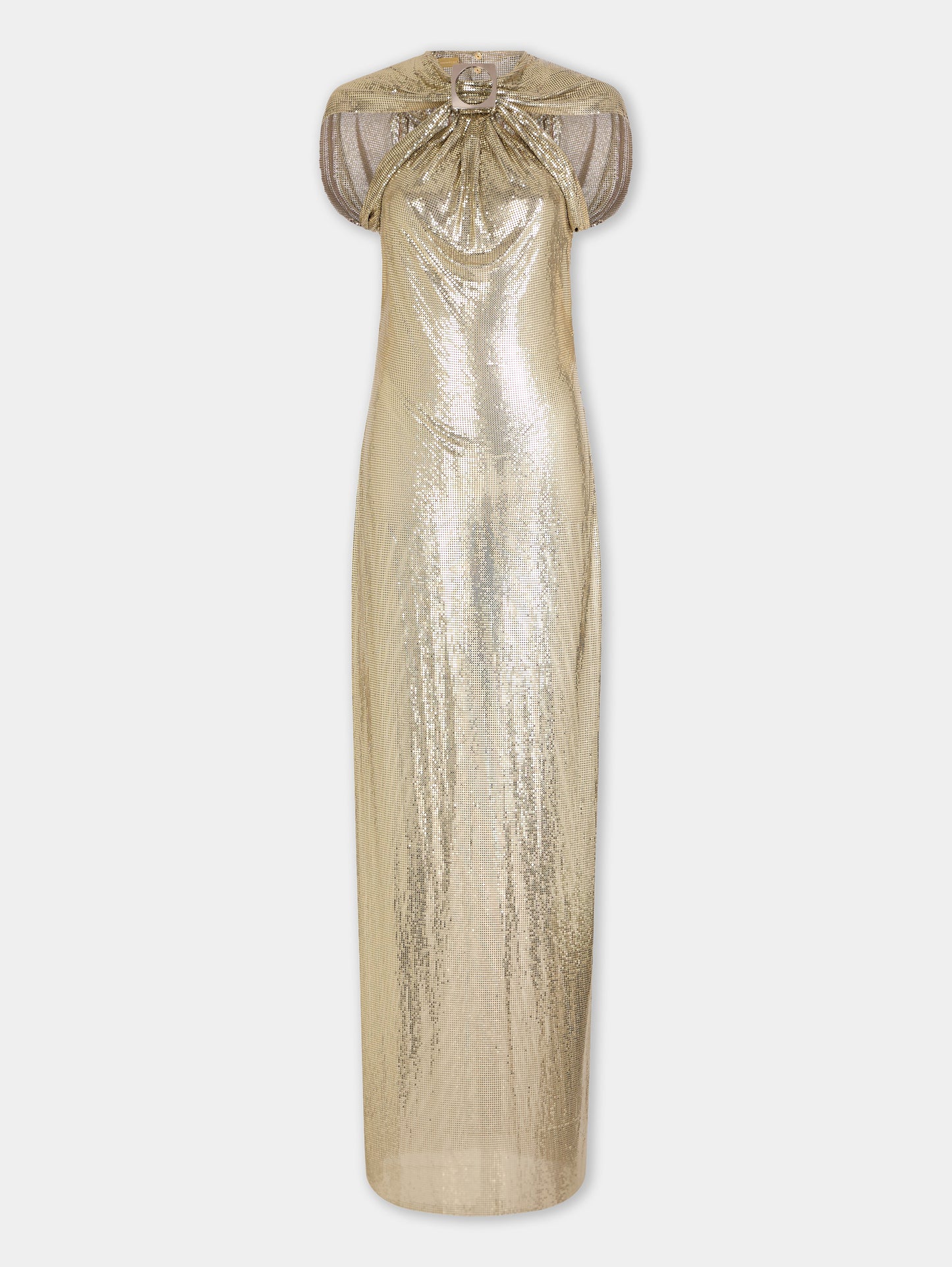 Robe longue Dinh Van x Rabanne en mesh doré assemblé à la main