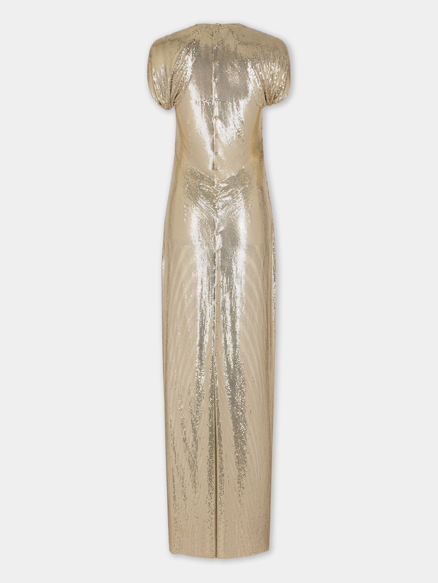 Robe longue Dinh Van x Rabanne en mesh doré assemblé à la main