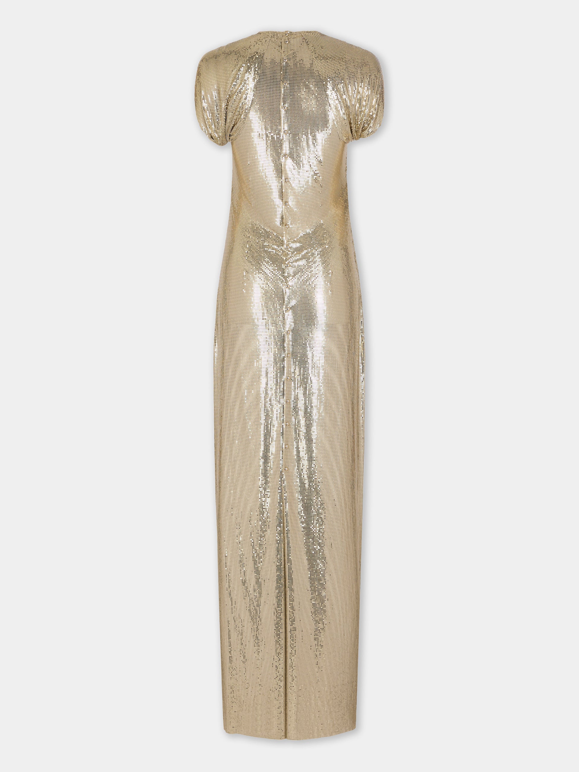 Robe longue Dinh Van x Rabanne en mesh doré assemblé à la main