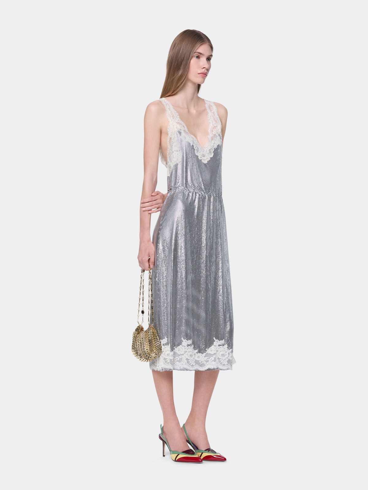 Hand assembled midi dress in silver mesh and ivory lace - Image 2
