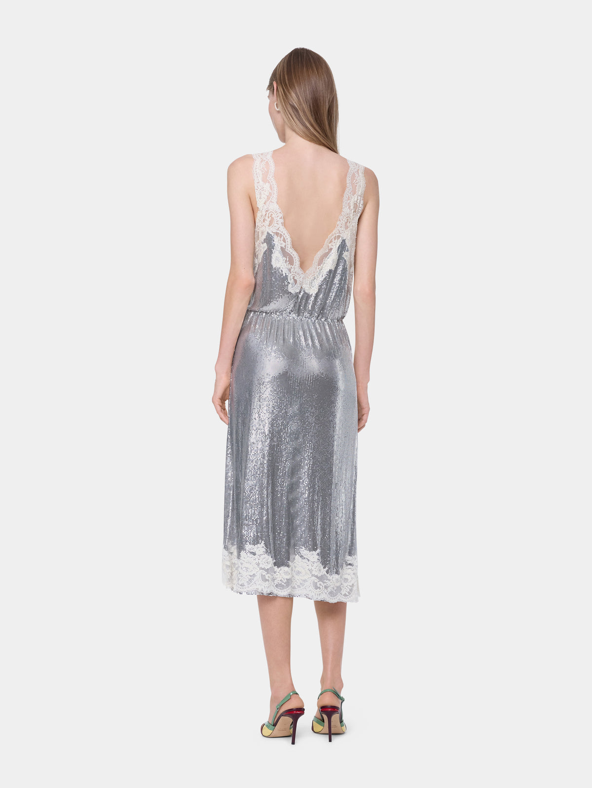 Hand assembled midi dress in silver mesh and ivory lace - Image 3