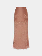 Camel midi skirt in lace and jersey