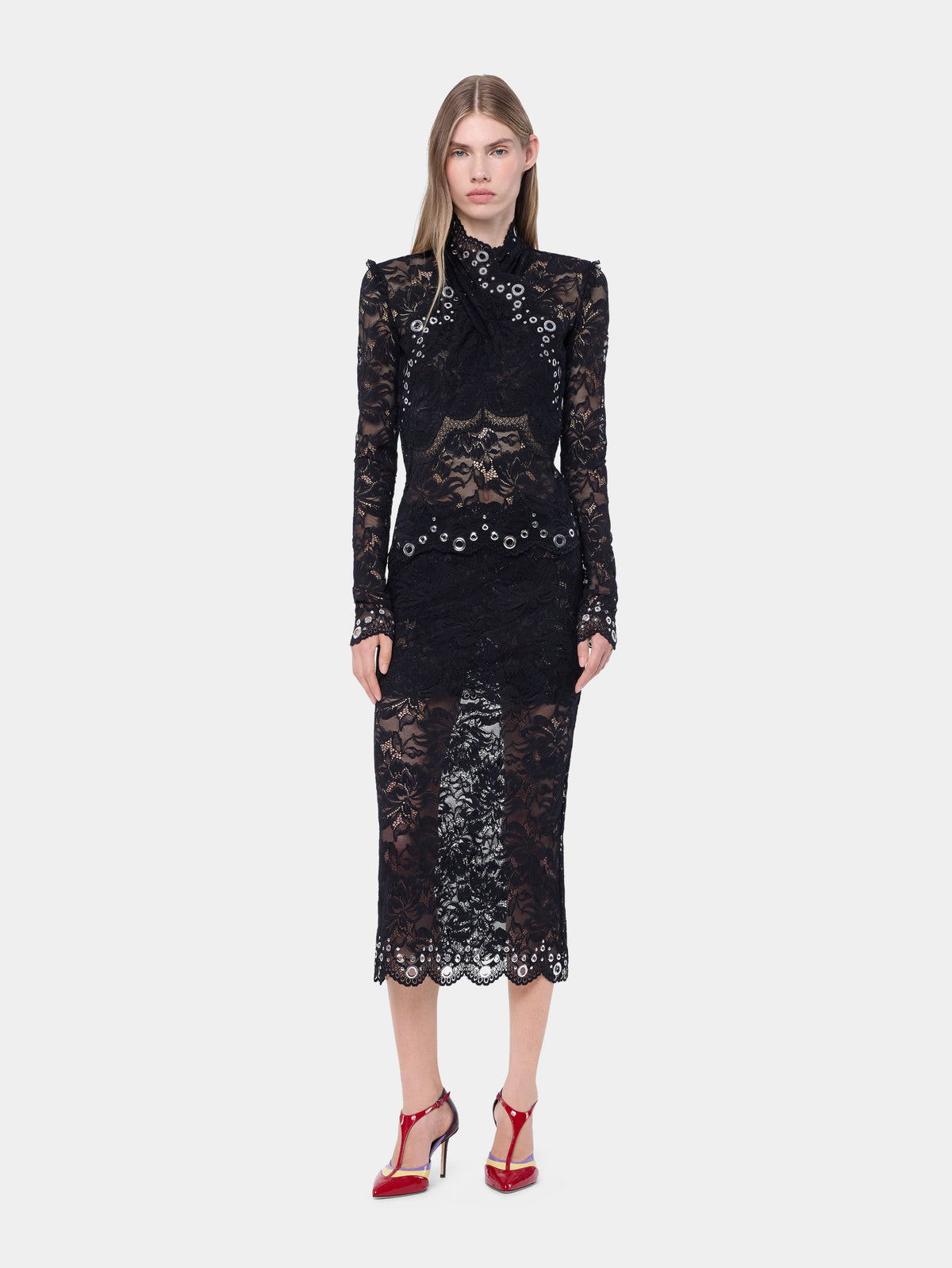 Midi skirt in black layered lace embellished with silver eyelets - Image 1