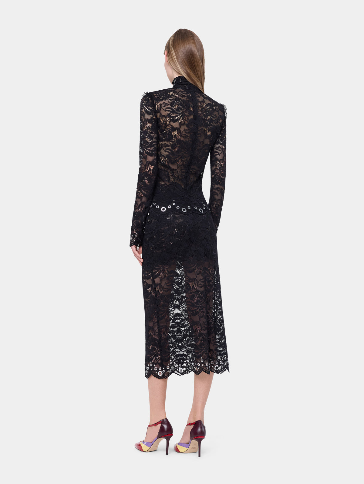 Midi skirt in black layered lace embellished with silver eyelets - Image 3