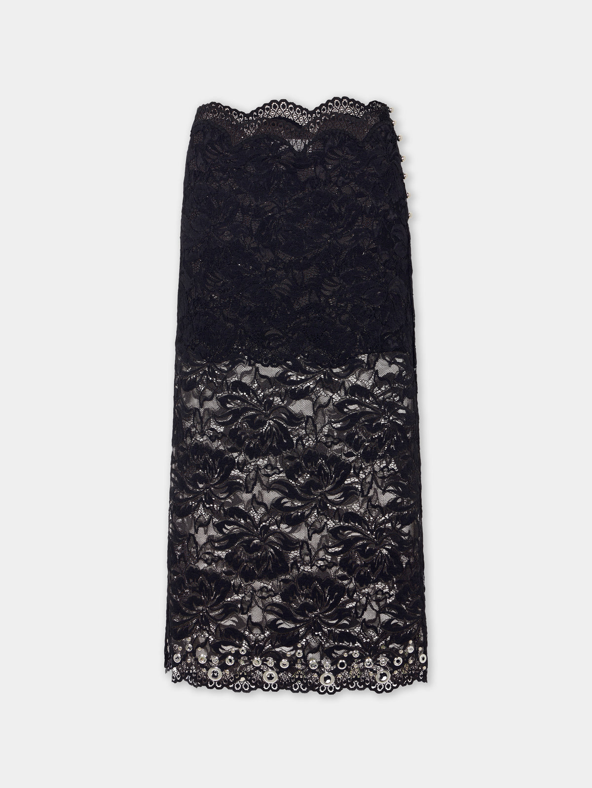 Midi skirt in black layered lace embellished with silver eyelets