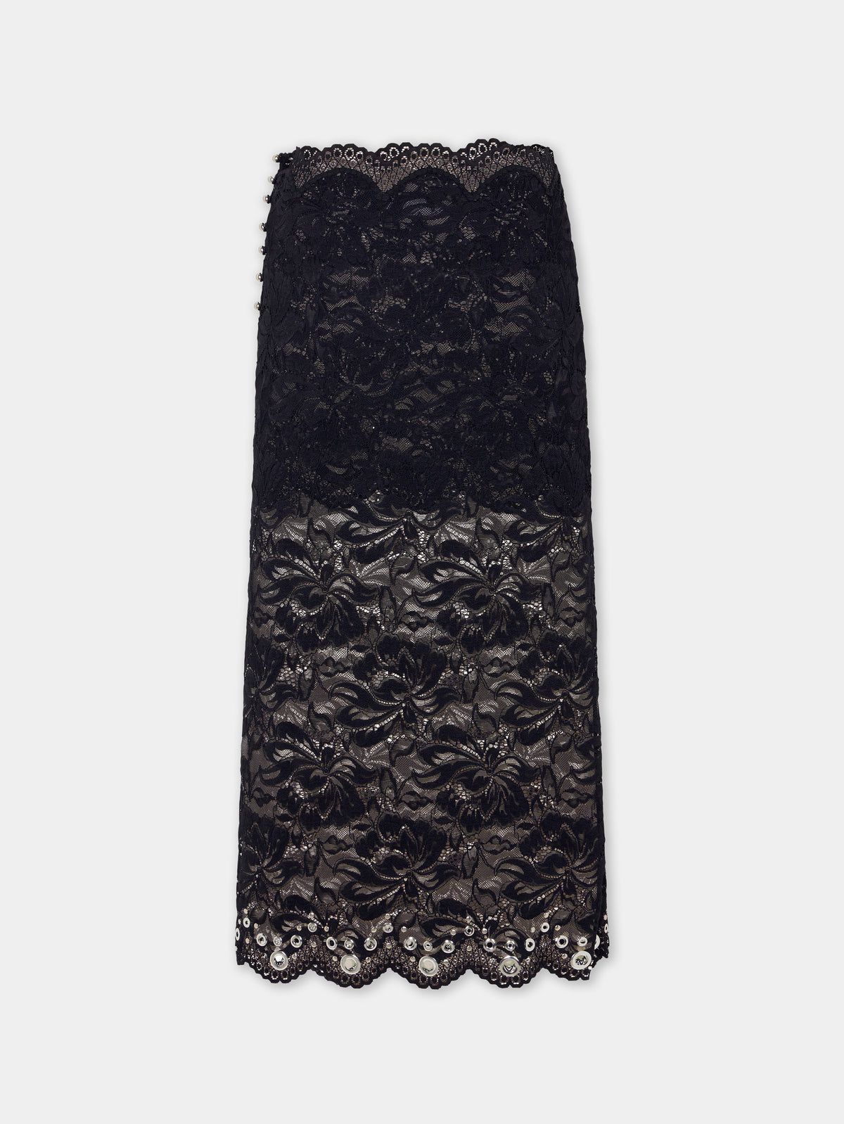 Midi skirt in black layered lace embellished with silver eyelets