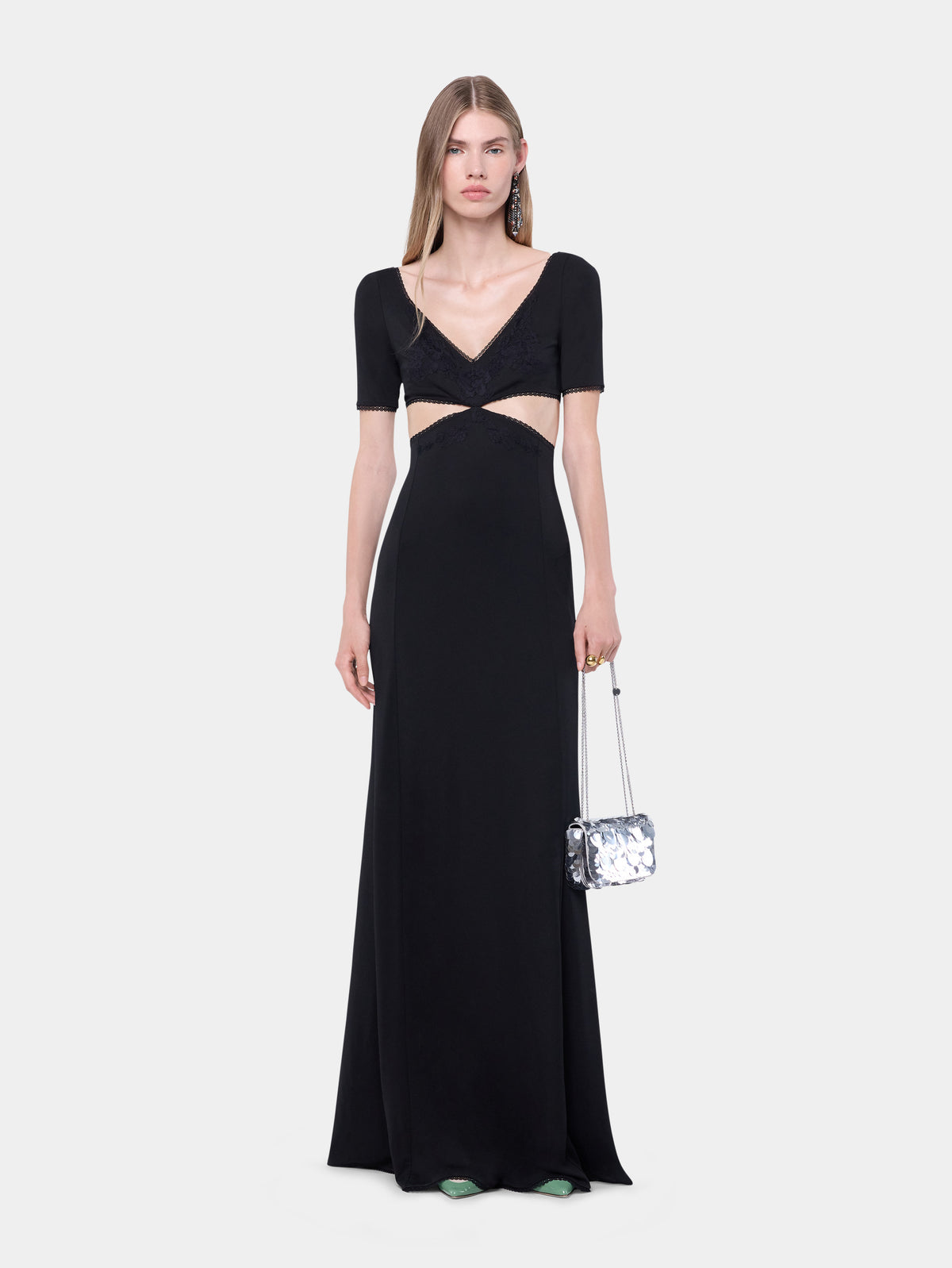 Long black lingerie dress with embroidered floral details - Image 2