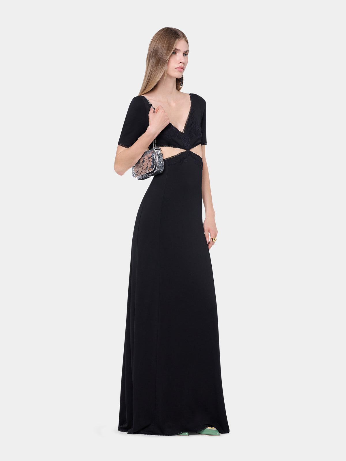 Long black lingerie dress with embroidered floral details - Image 3