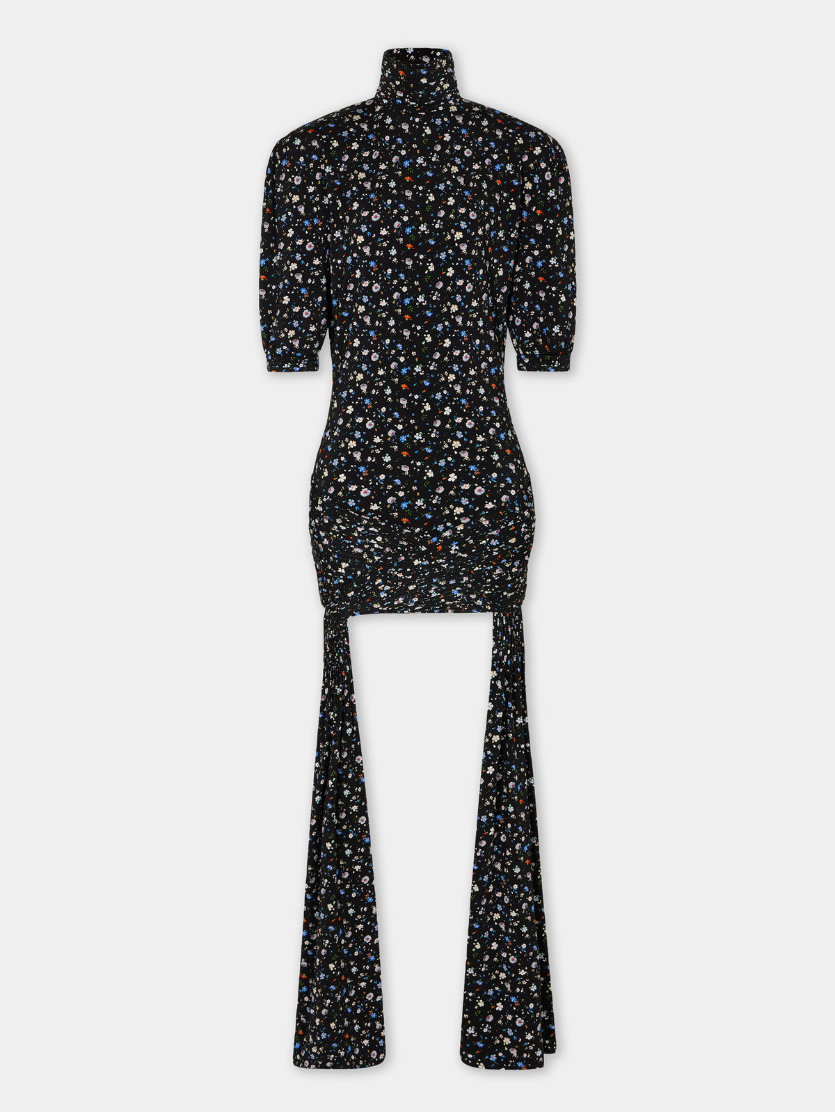 Mini robe noire imprimé floral avec détails de plis