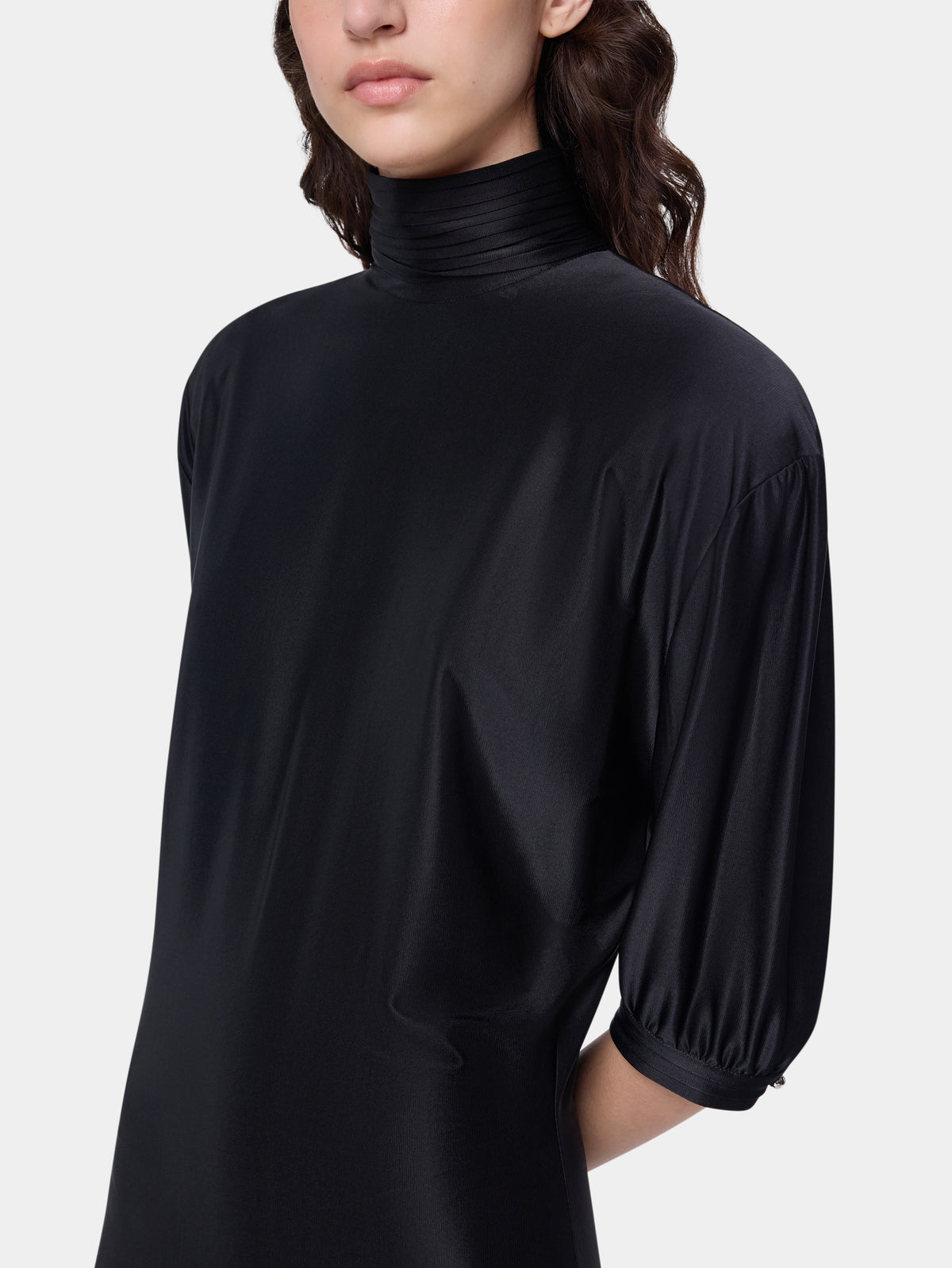 Mini black dress with ruched details
