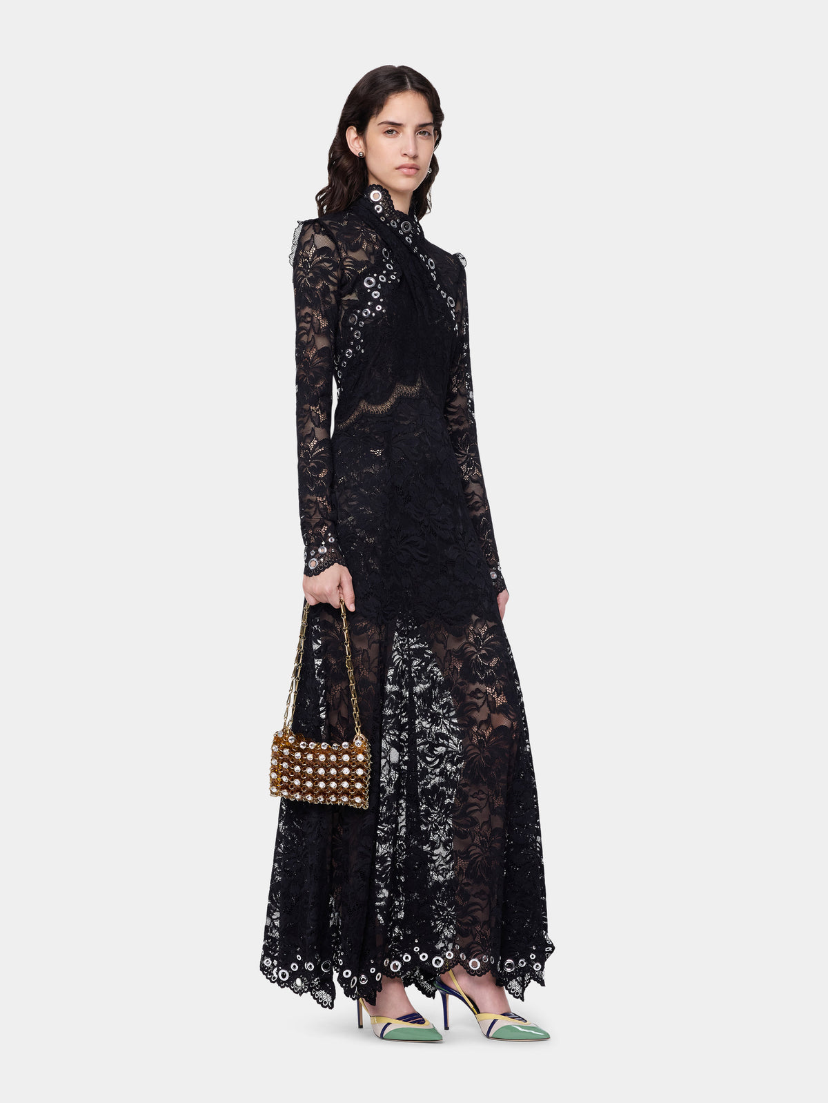 Long dress in black layered lace with silver eyelets details - Image 2