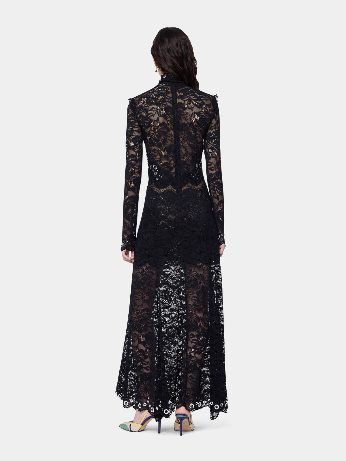 Long dress in black layered lace with silver eyelets details - Image 3