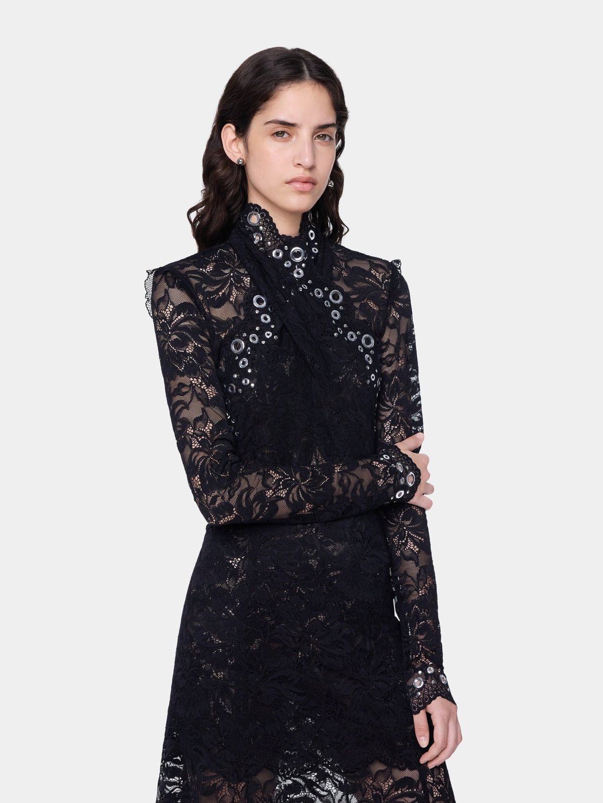 Long dress in black layered lace with silver eyelets details