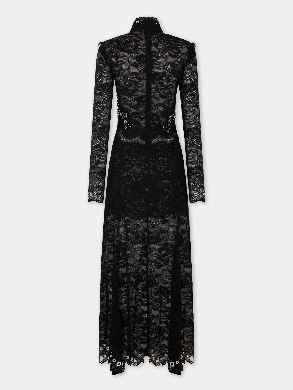 Long dress in black layered lace with silver eyelets details