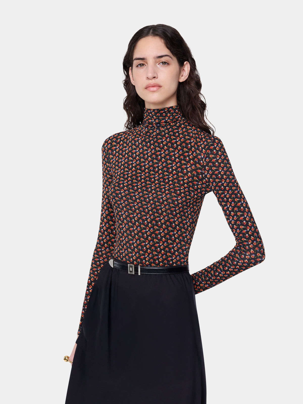 Long sleeved top in black liberty print second skin jersey