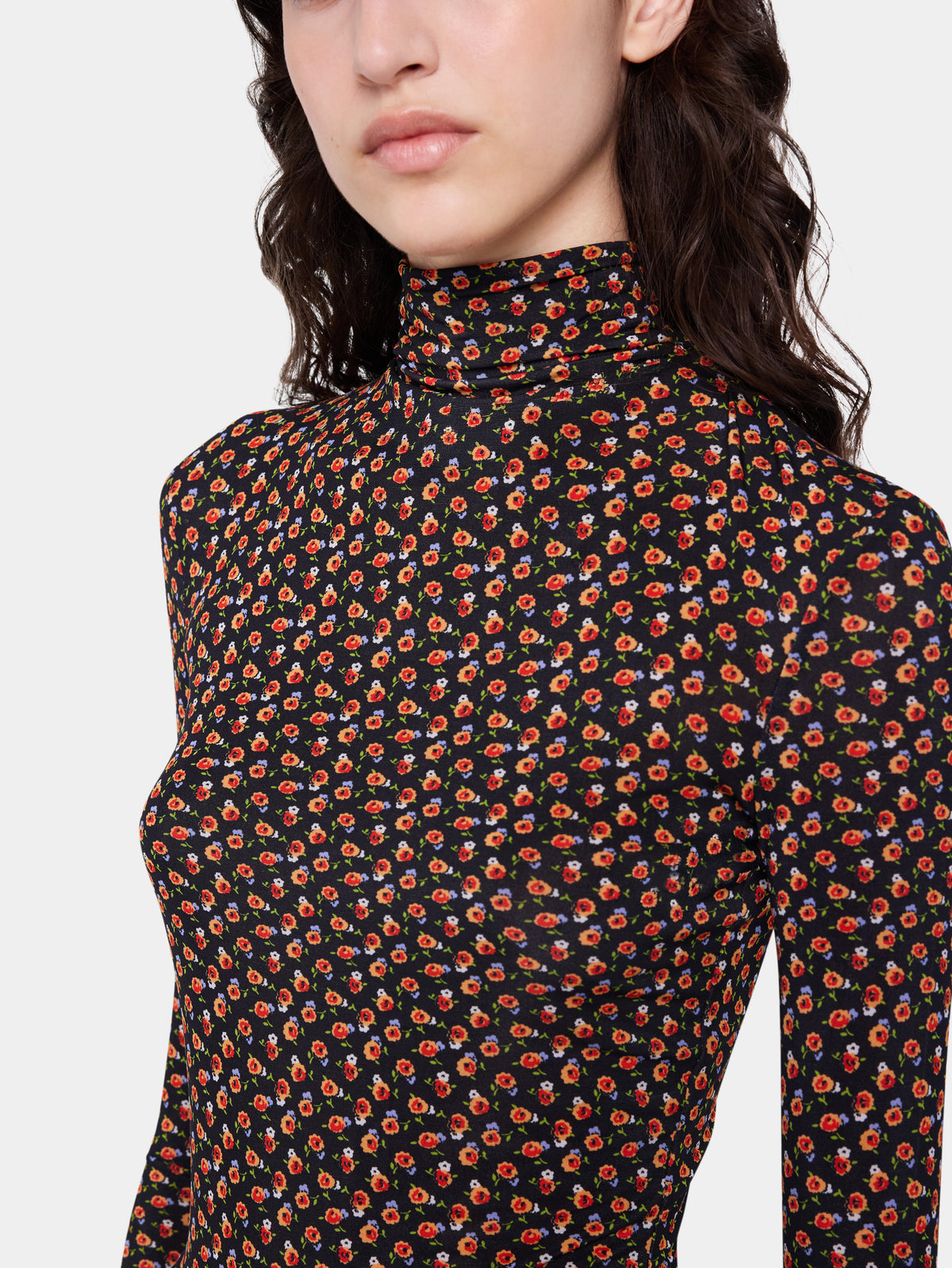 Long sleeved top in black liberty print second skin jersey