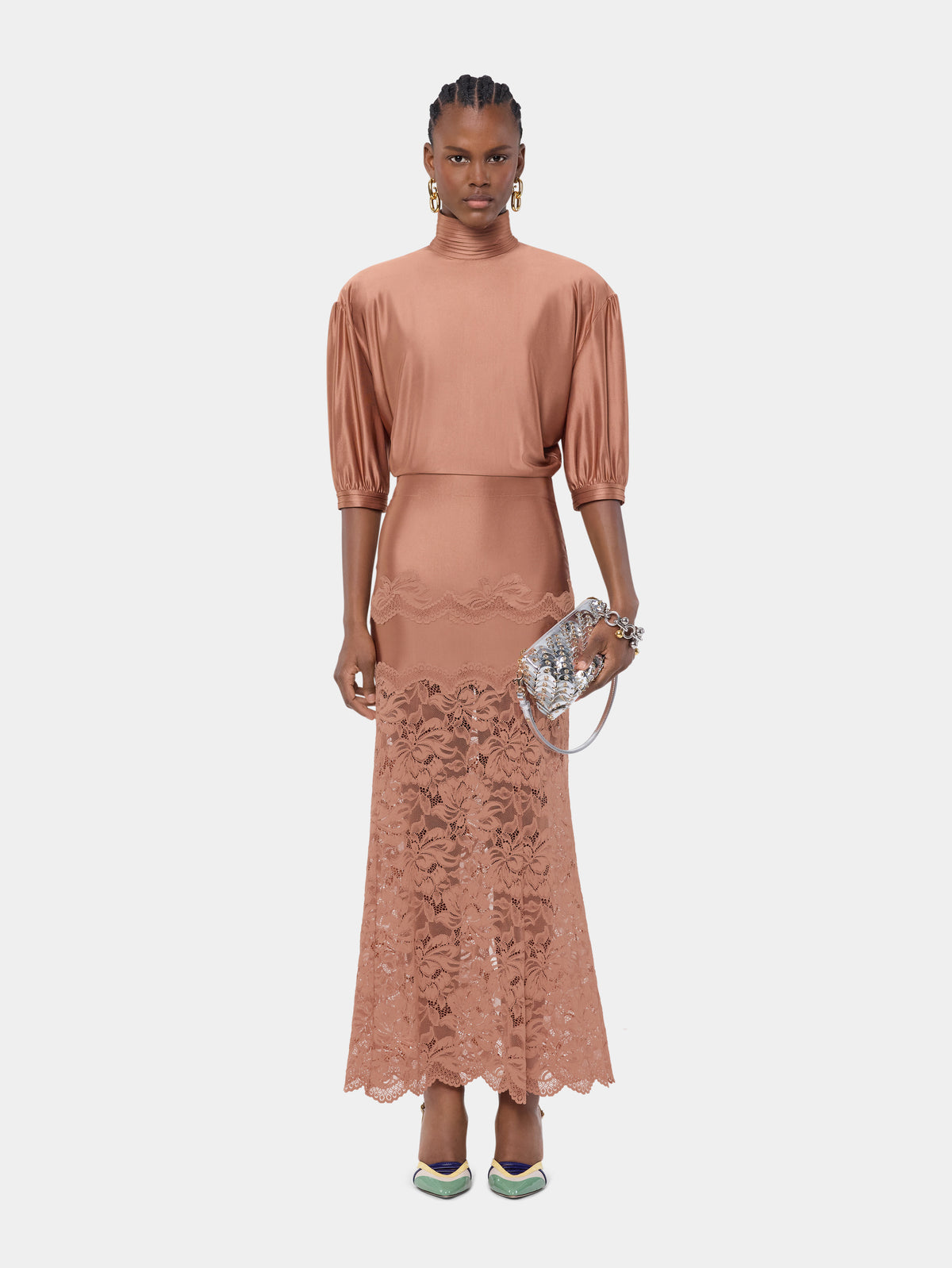 Structured camel jersey top with ruched details - Image 1