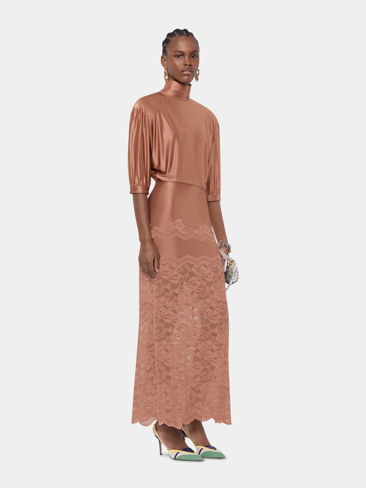 Structured camel jersey top with ruched details