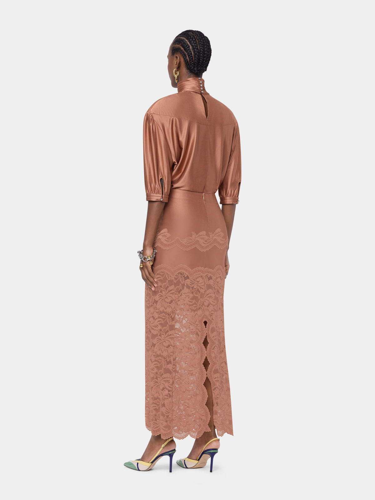 Structured camel jersey top with ruched details - Image 3