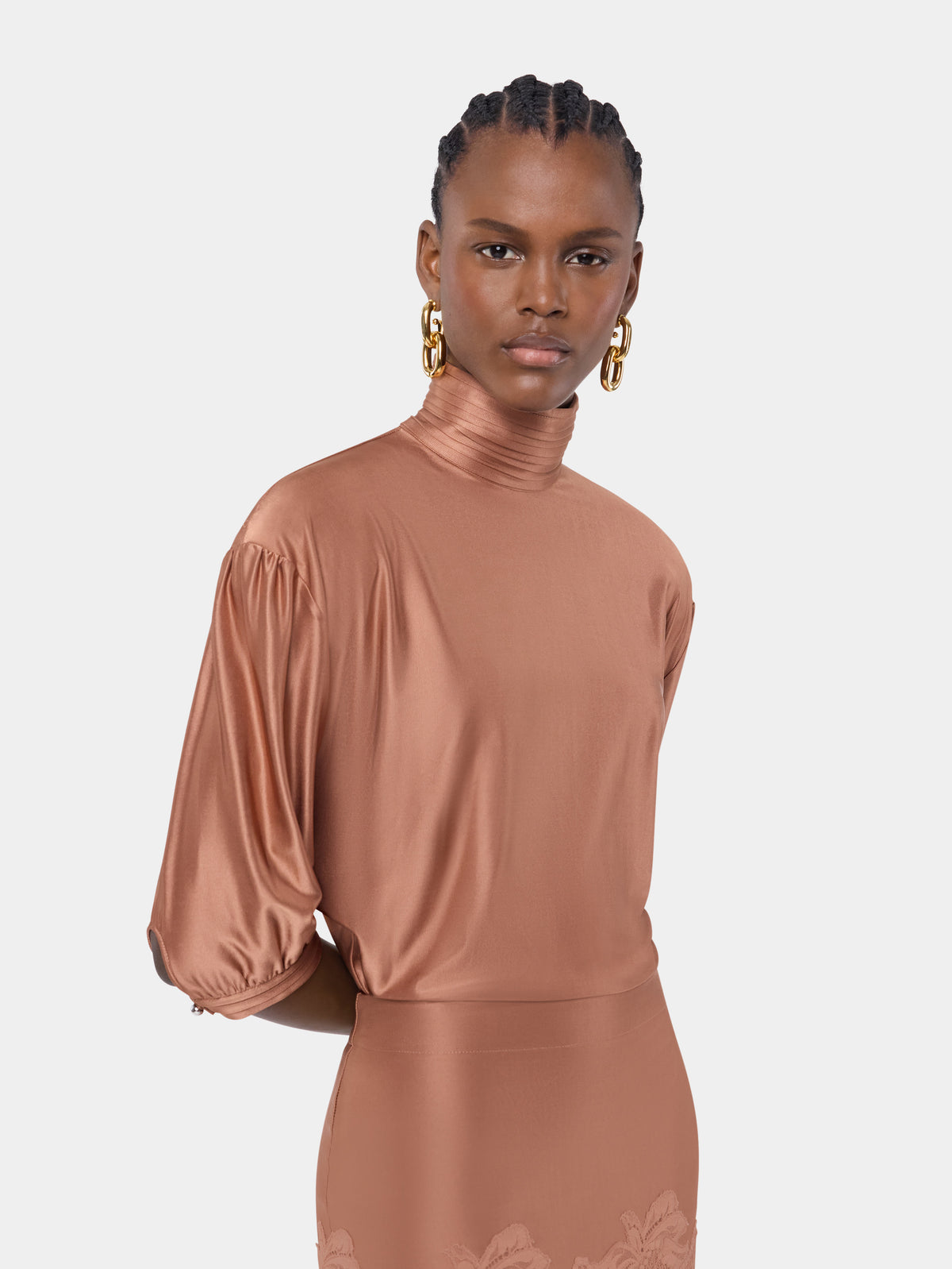 Structured camel jersey top with ruched details