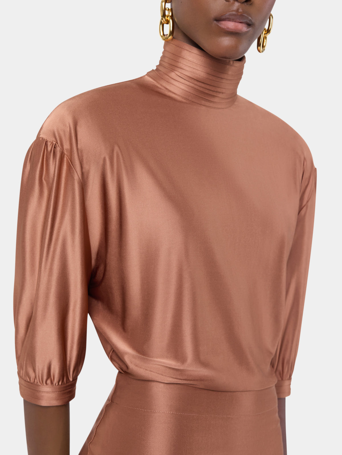 Structured camel jersey top with ruched details