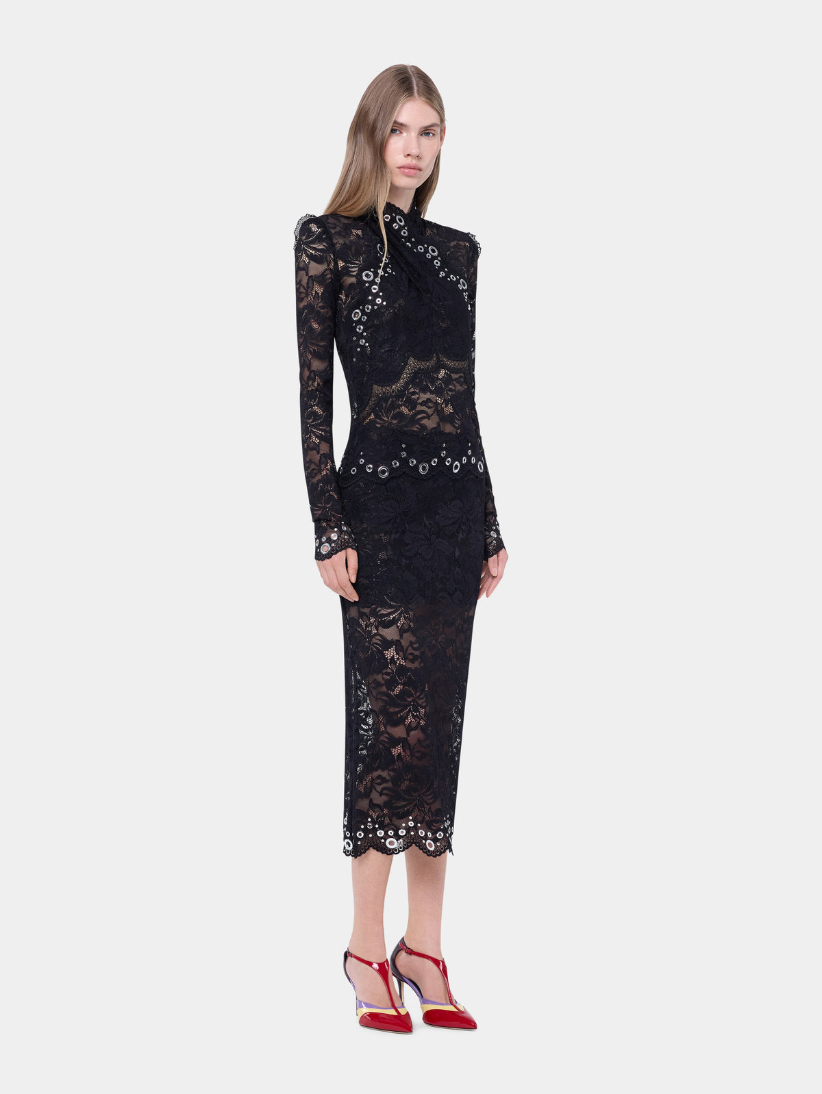 Long sleeve top in black layered lace with silver eyelets details - Image 3