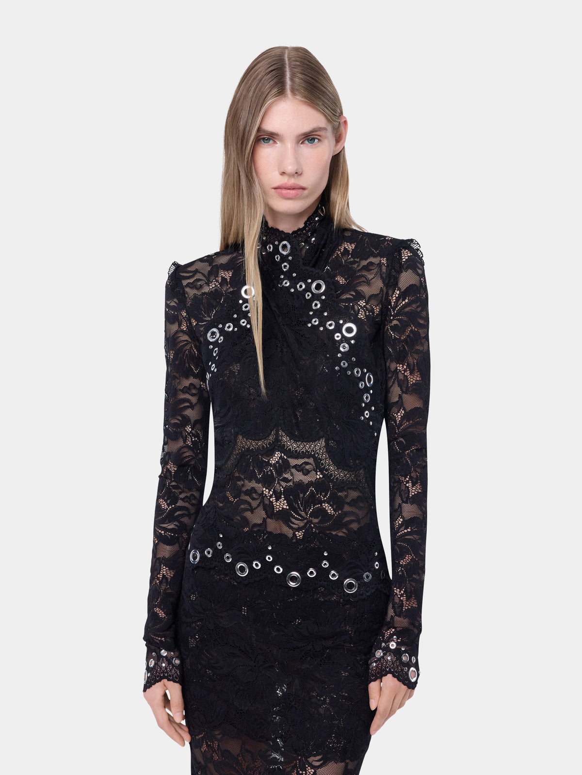 Long sleeve top in black layered lace with silver eyelets details