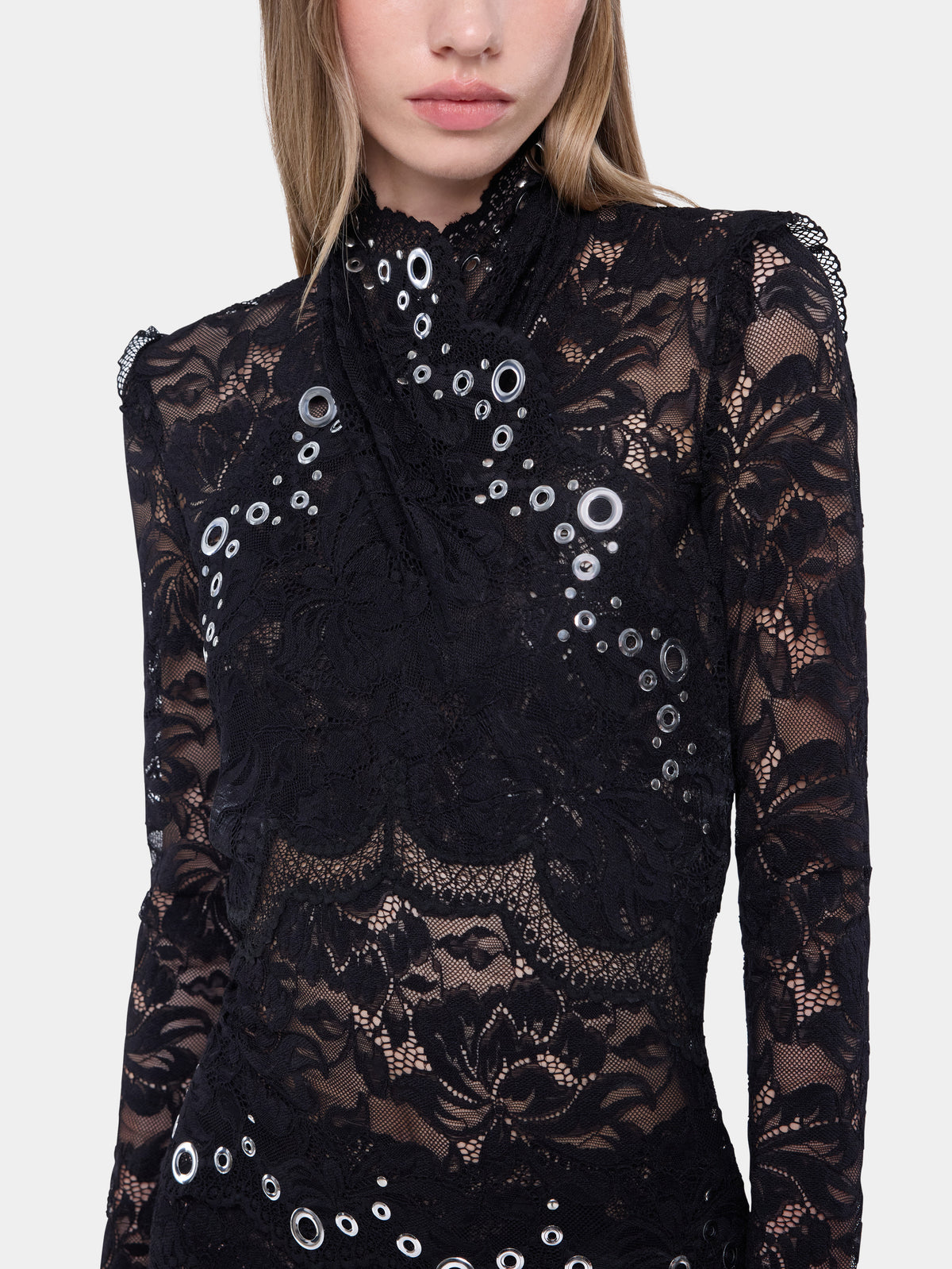 Long sleeve top in black layered lace with silver eyelets details