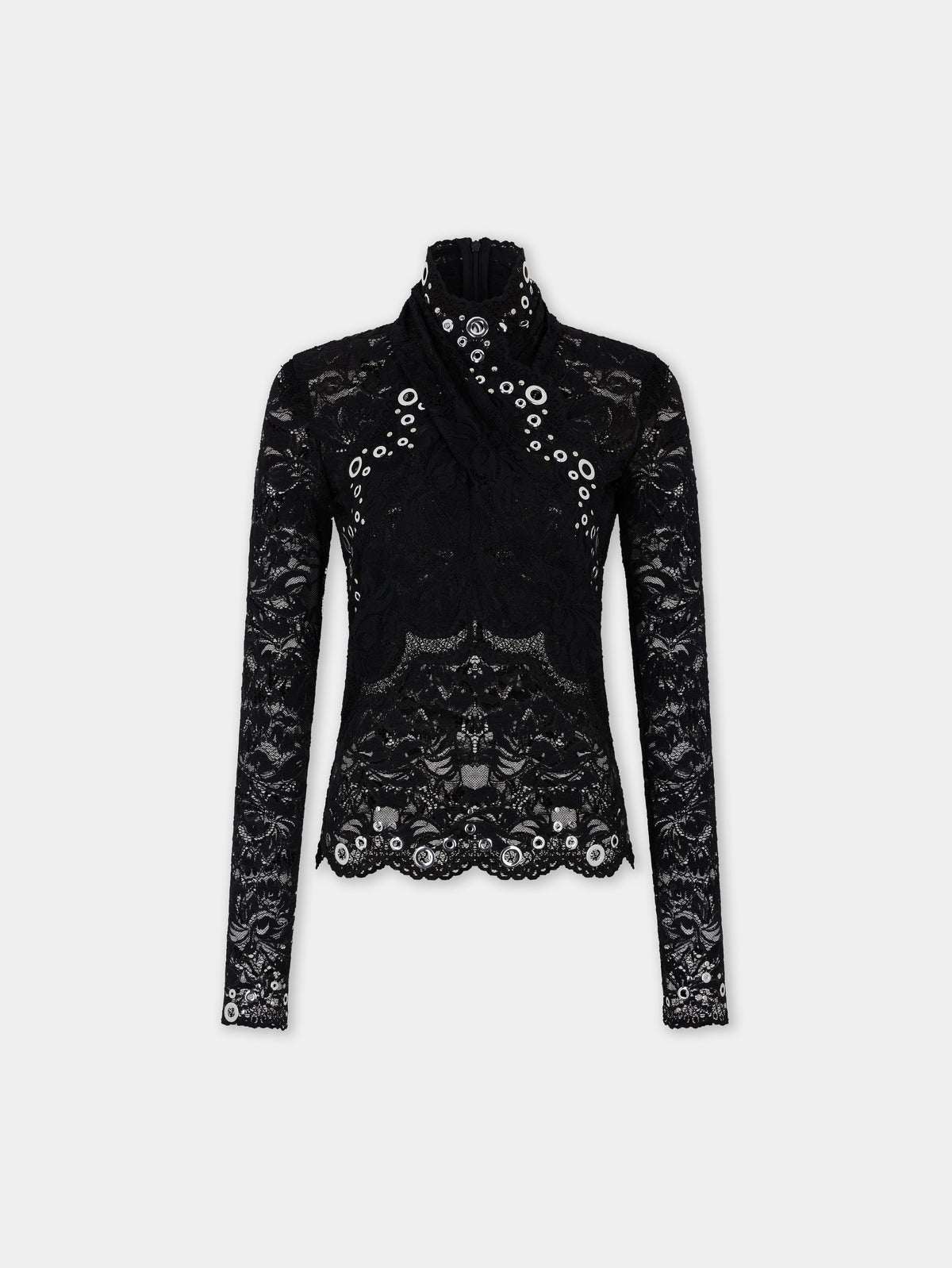 Long sleeve top in black layered lace with silver eyelets details - Image 1