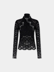 Long sleeve top in black layered lace with silver eyelets details