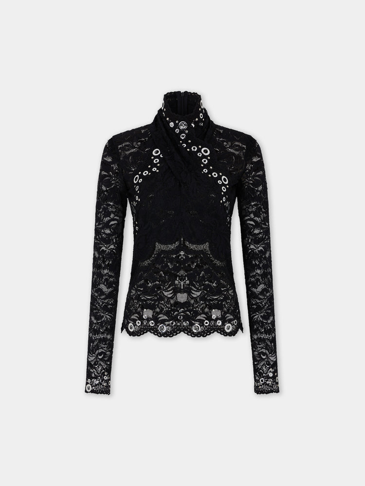 Long sleeve top in black layered lace with silver eyelets details