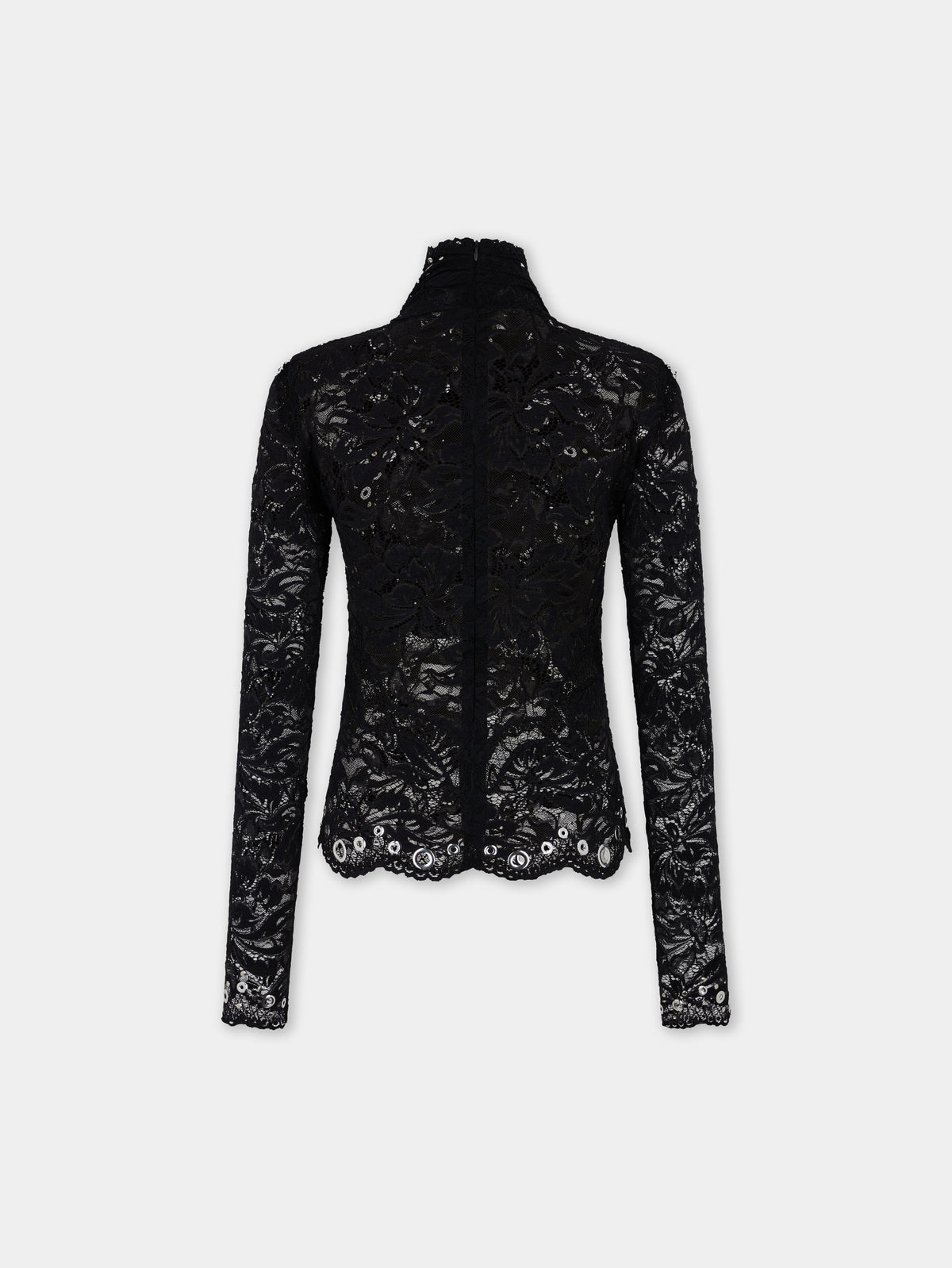 Long sleeve top in black layered lace with silver eyelets details