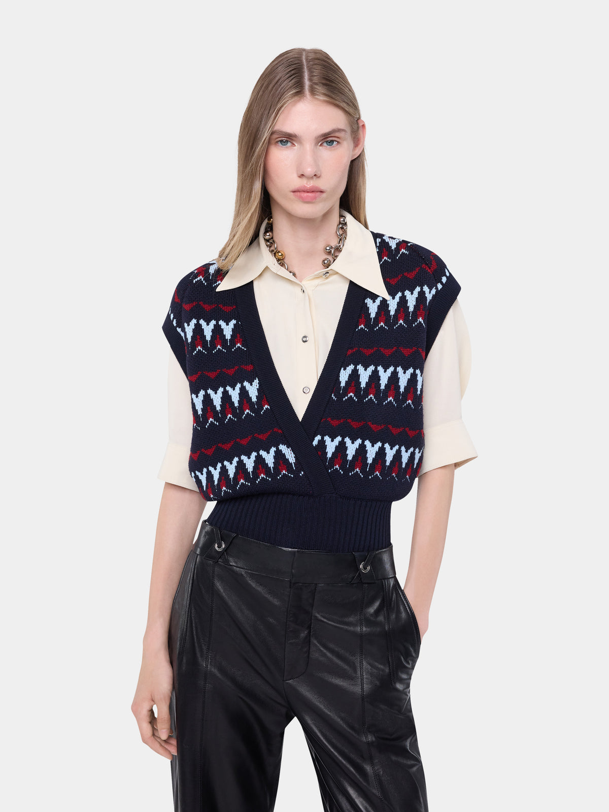 Top maille cache cœur en laine jacquard vintage bleu marine