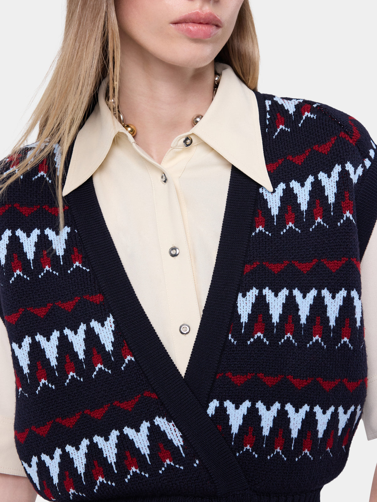 Top maille cache cœur en laine jacquard vintage bleu marine