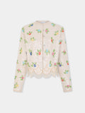 Cardigan en laine mérinos beige brodé main à motif floral