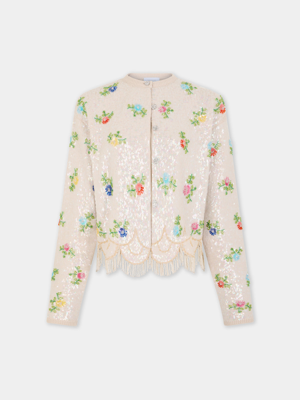 Cardigan en laine mérinos beige brodé main à motif floral