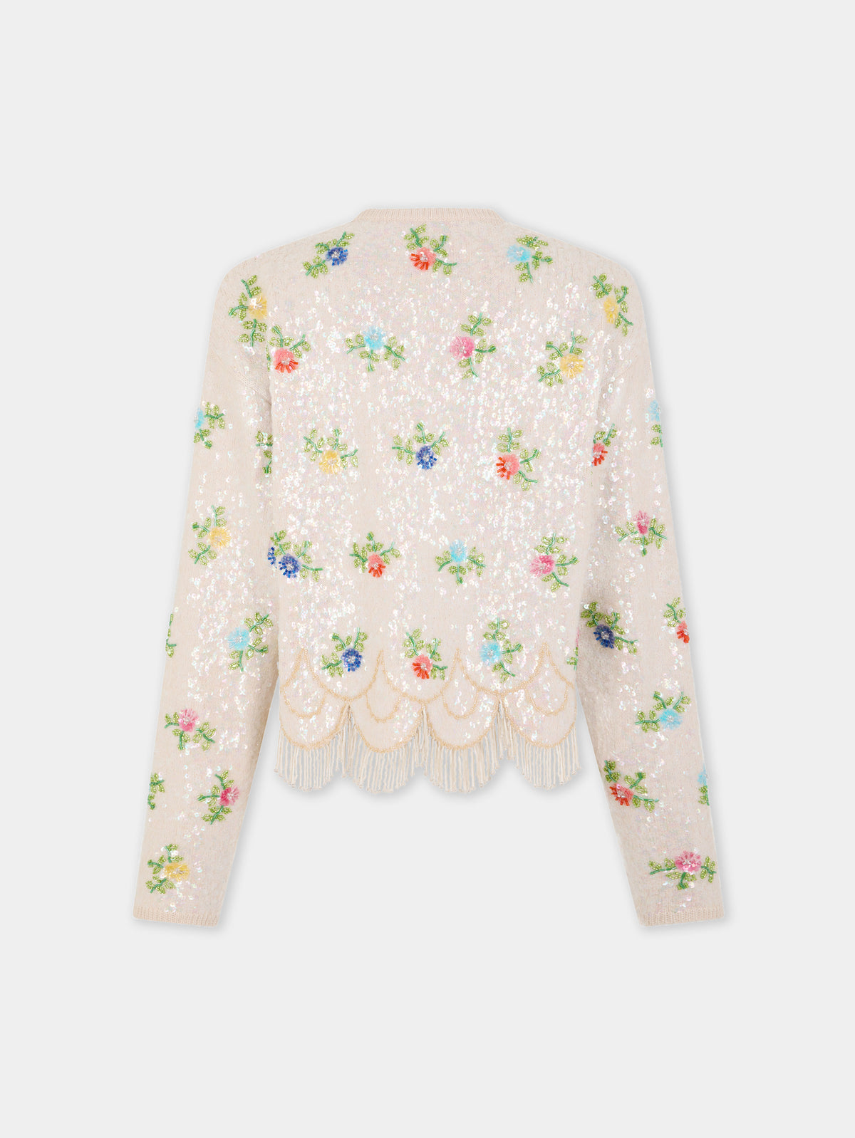 Cardigan en laine mérinos beige brodé main à motif floral