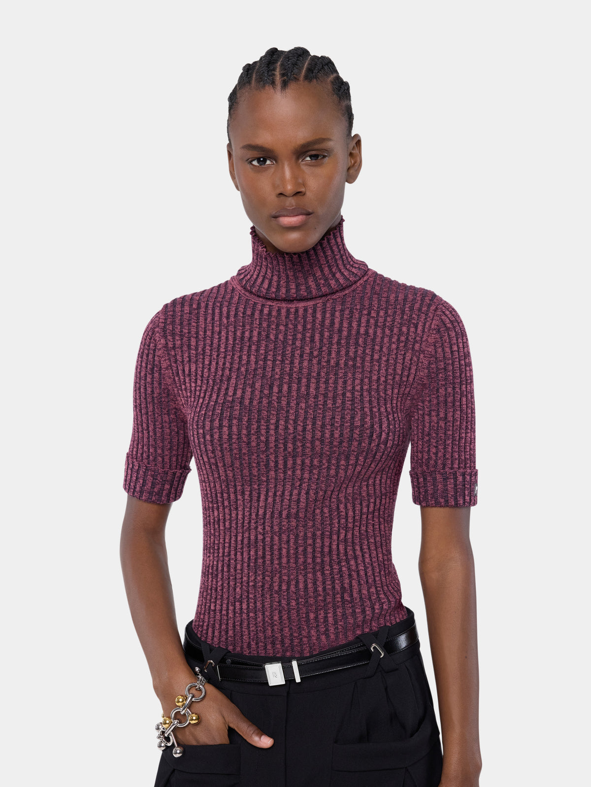 Top en maille de laine violette chiné à col roulé