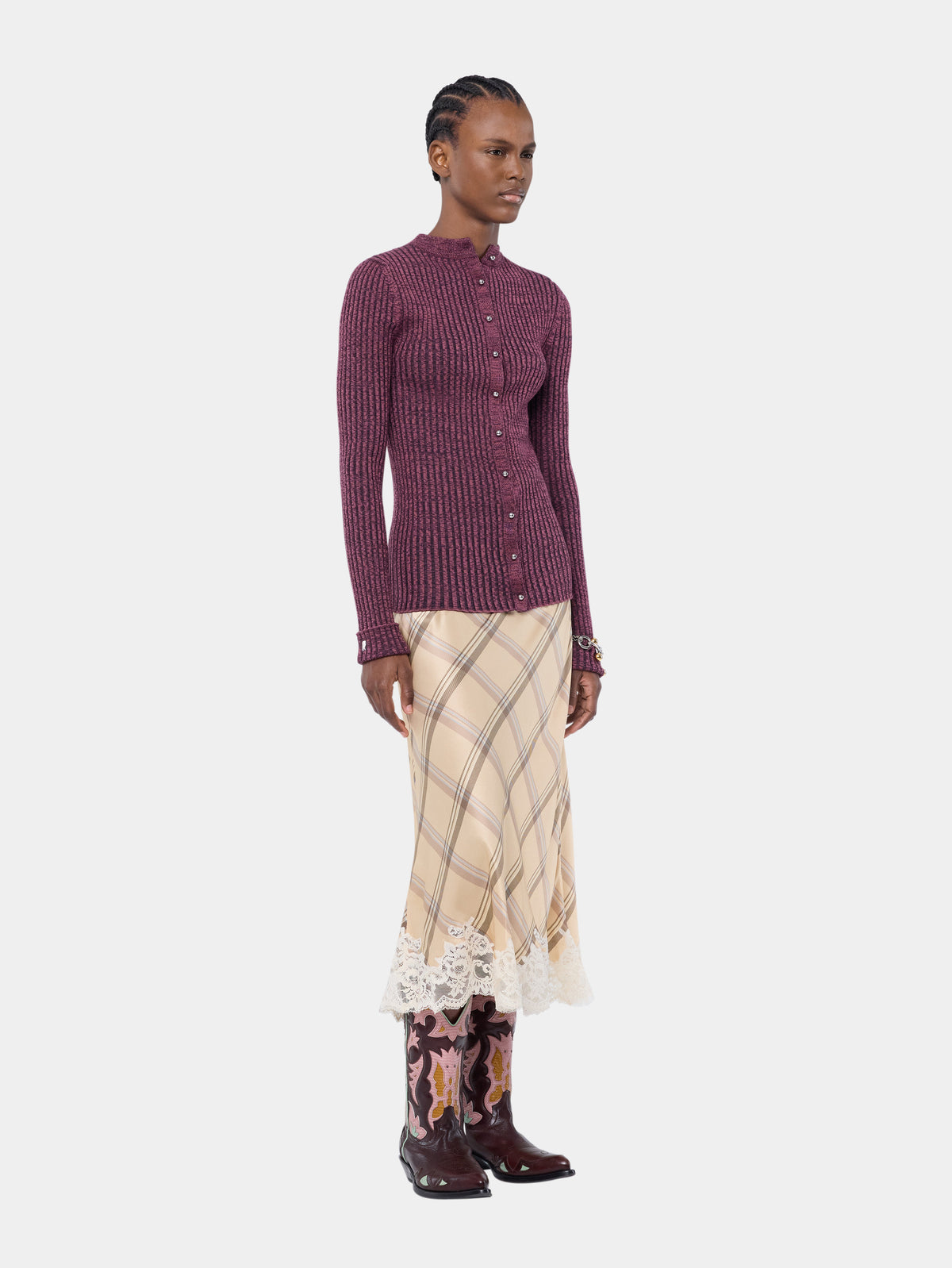 Cardigan en maille de laine violette chiné à manches longues