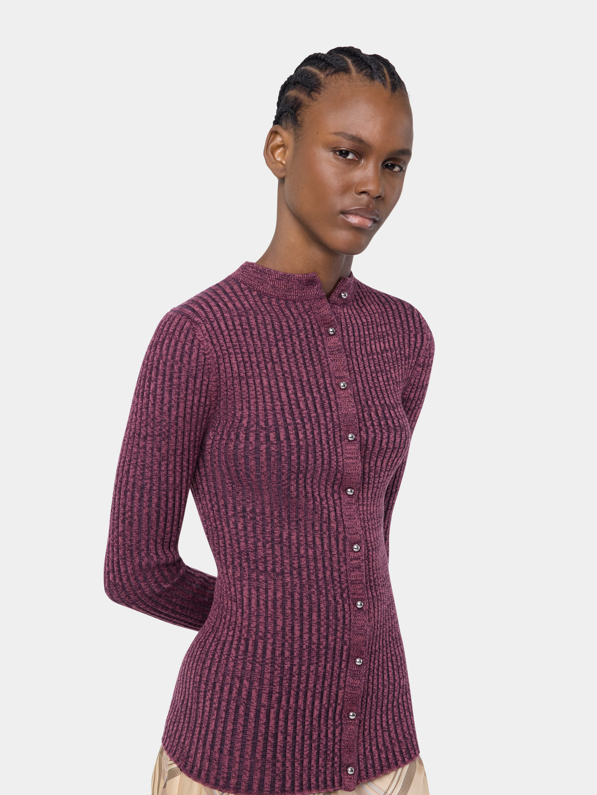 Cardigan en maille de laine violette chiné à manches longues