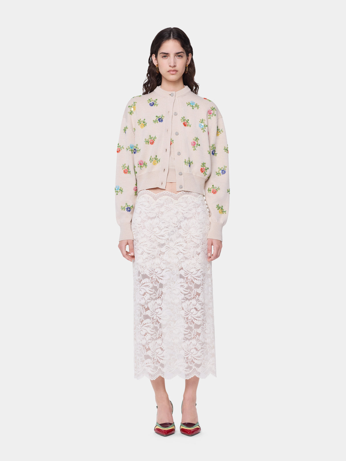 Cardigan en laine beige avec broderie florale multicolore - Image 2