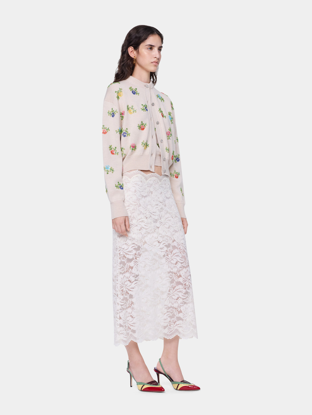Cardigan en laine beige avec broderie florale multicolore - Image 3