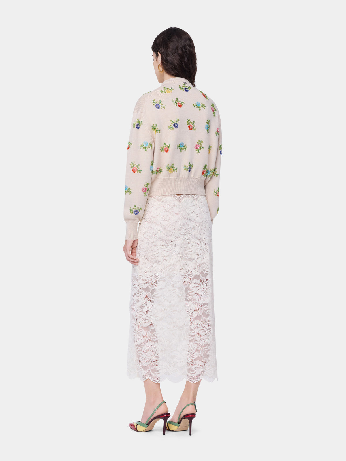 Cardigan en laine beige avec broderie florale multicolore