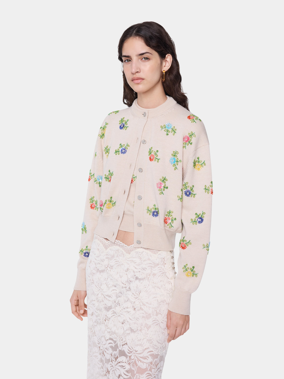 Cardigan en laine beige avec broderie florale multicolore