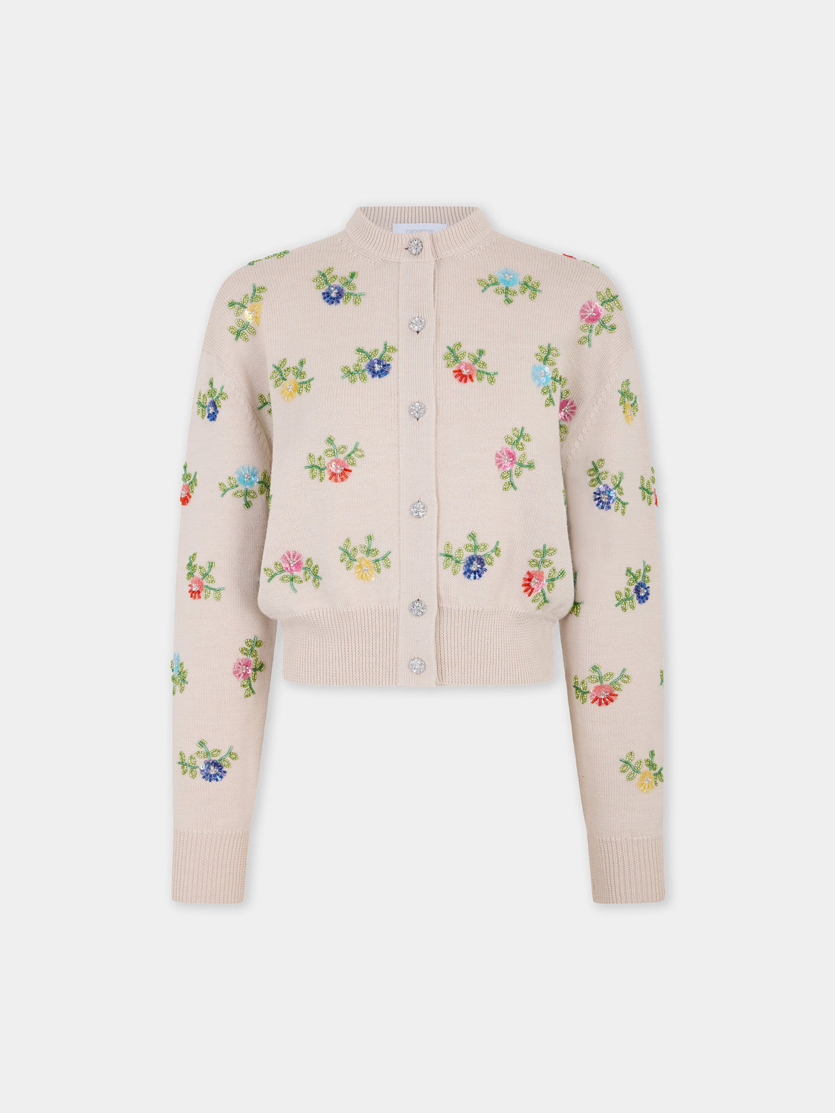 Cardigan en laine beige avec broderie florale multicolore - Image 1